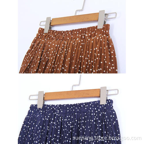 Printed Polka Dot Elastic Polyester Pleated Long Skirt